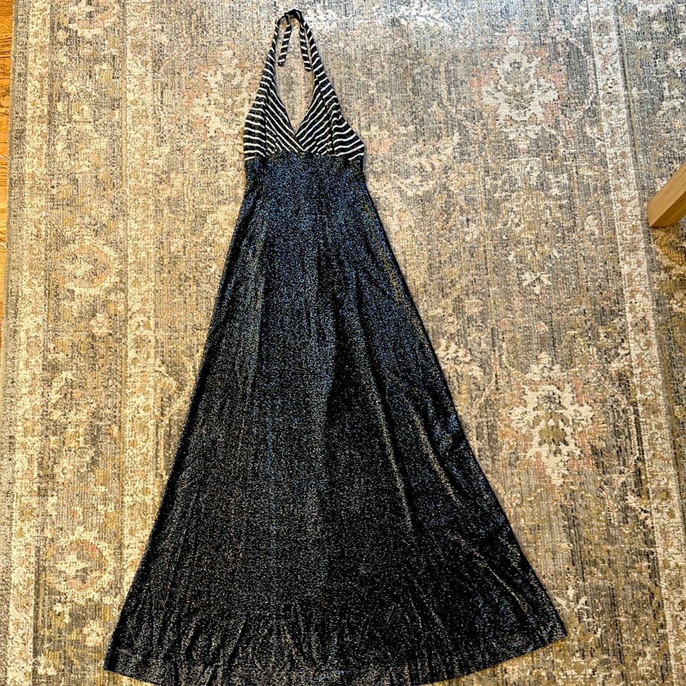 Vintage 70’s Disco Halter Dress Shimmery Silver on Black. Size S